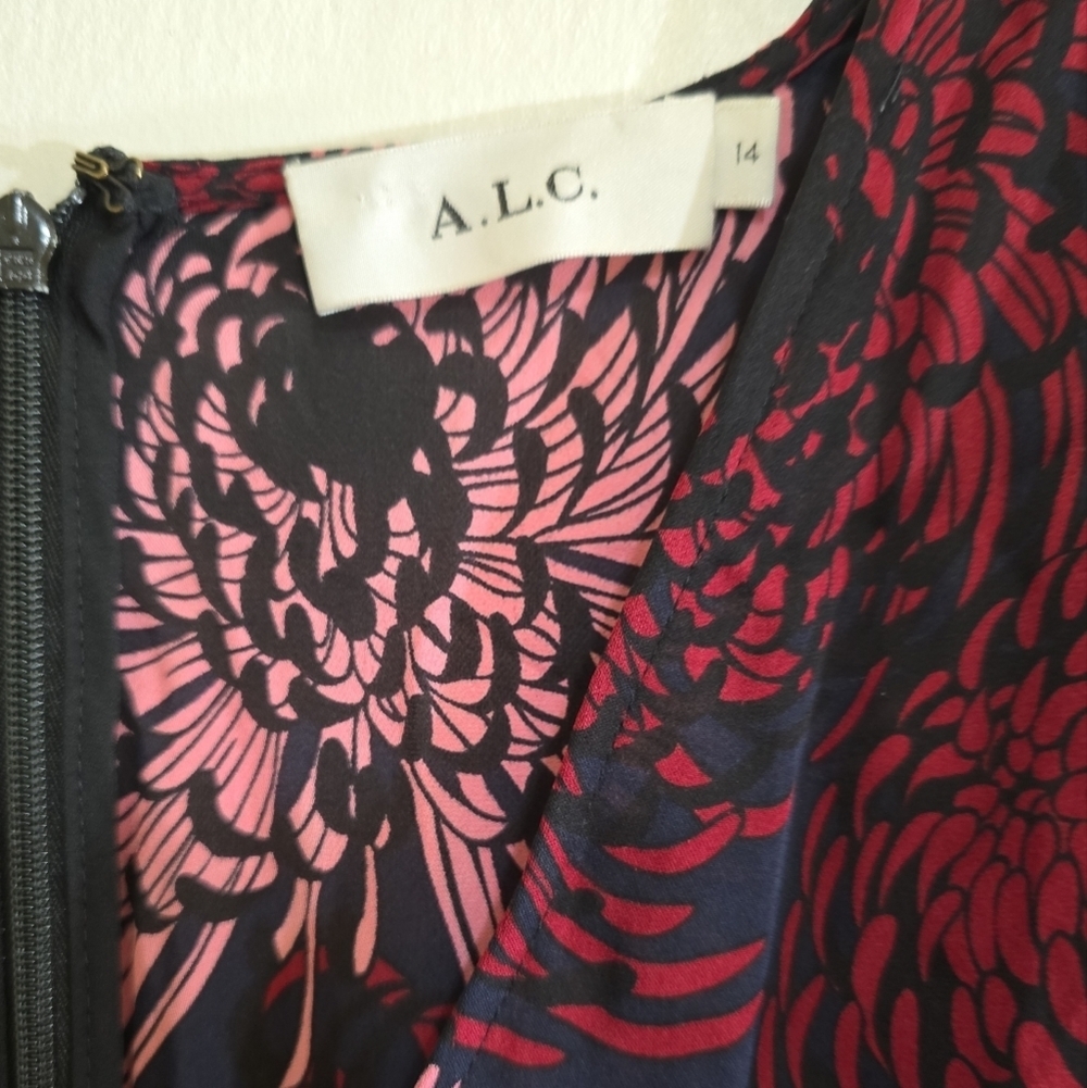 A.L.C. Bailey Print Surplice Silk Slit Midi Dress Navy Pink Anstract Floral 14 - Picture 5 of 14